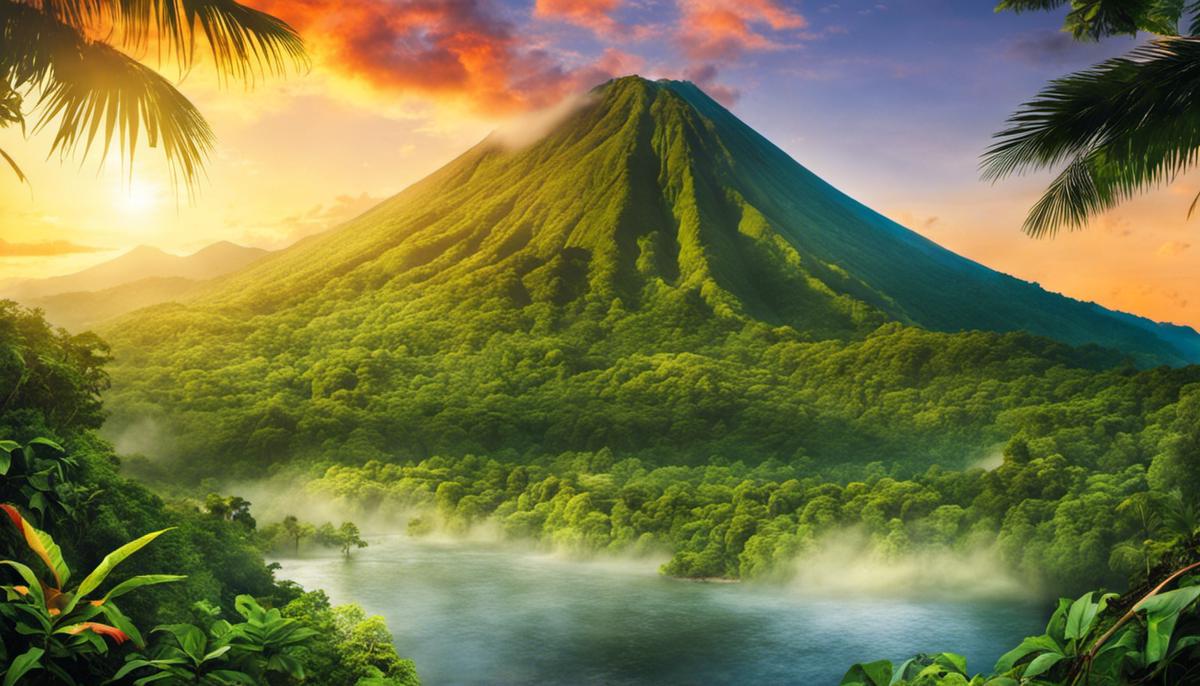A stunning image of Arenal Volcano National Park, depicting lush rainforests, a volcano, and hot springs.