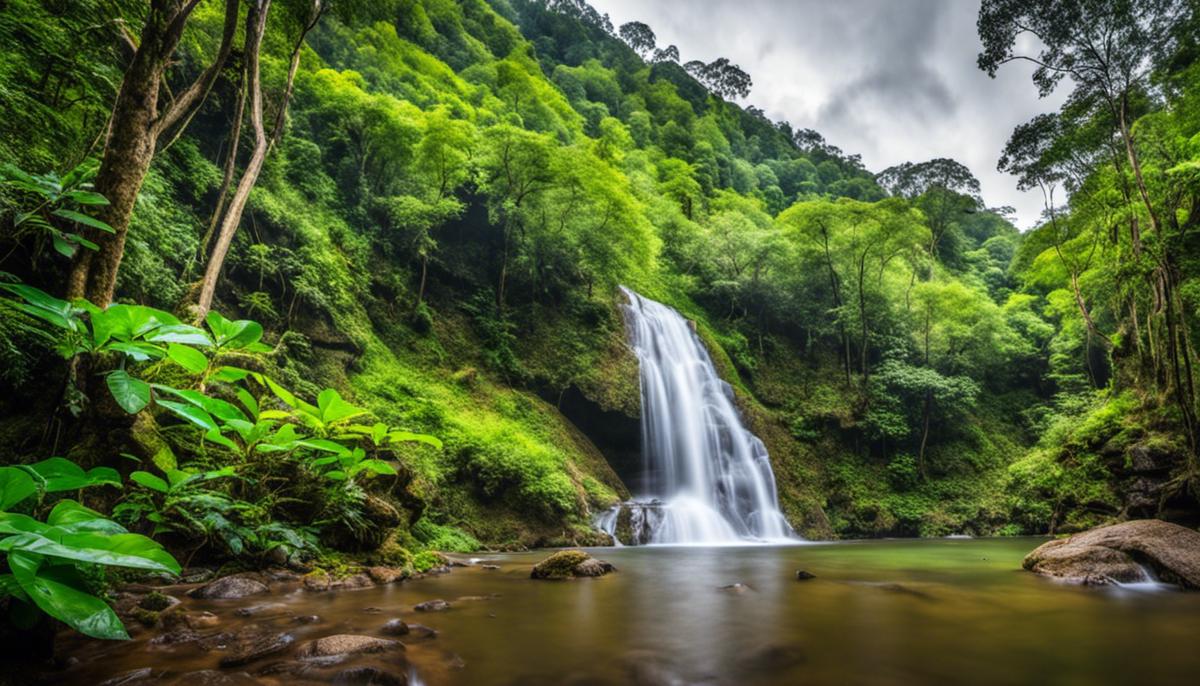 Lush green forest with a waterfall in Doi Inthanon National Park
