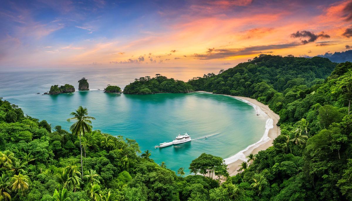 A stunning view of Manuel Antonio National Park with lush jungles and a pristine beach.
