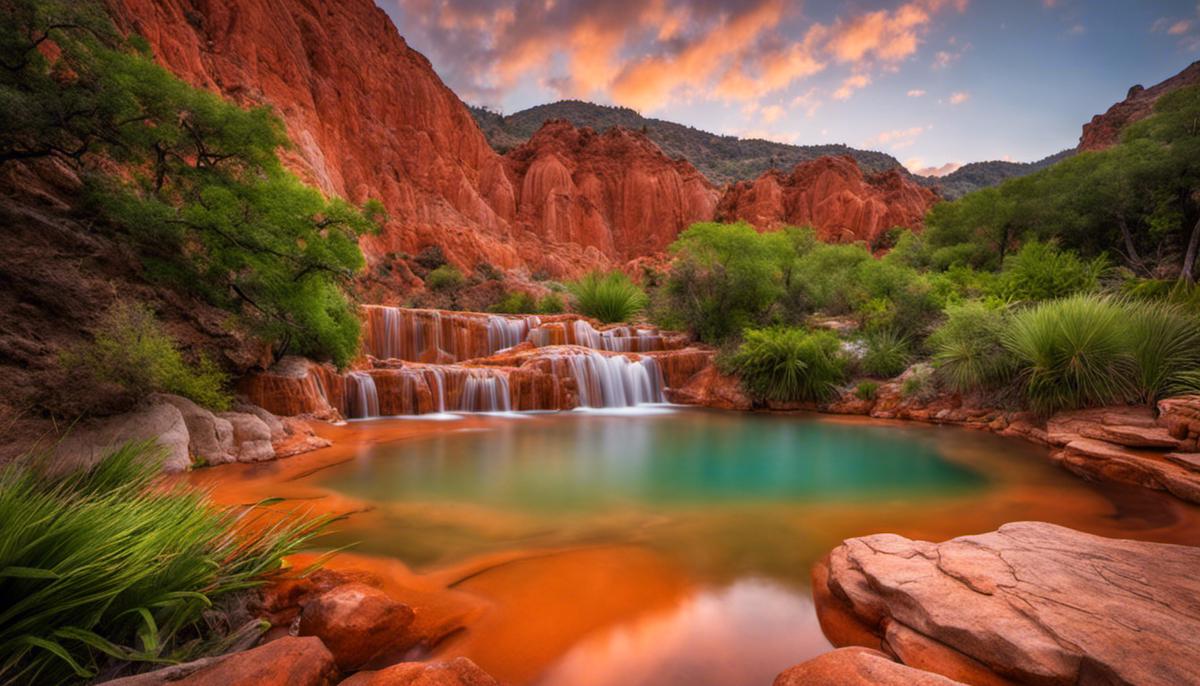 A serene image of Mystic Hot Springs, showcasing the natural beauty of the terracotta colored cliffs and inviting pools.