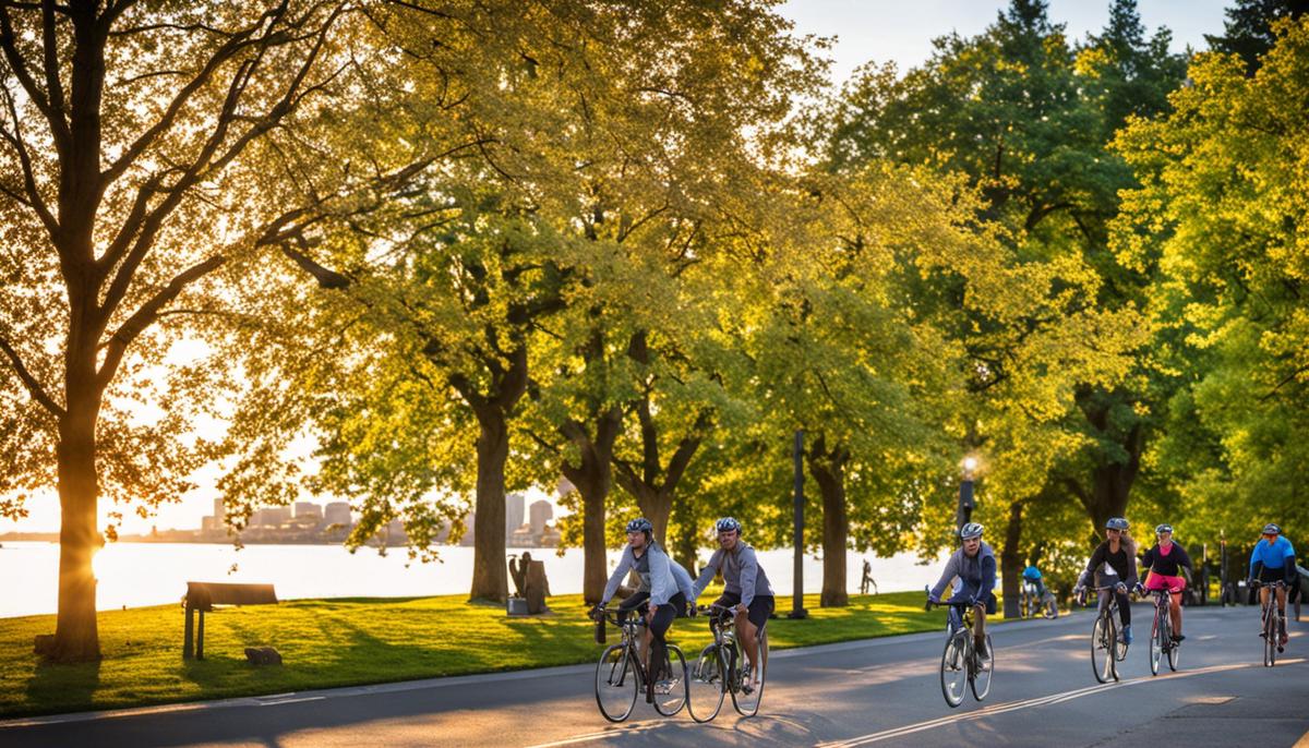 Cyclists enjoying Waterfront Park in Portland