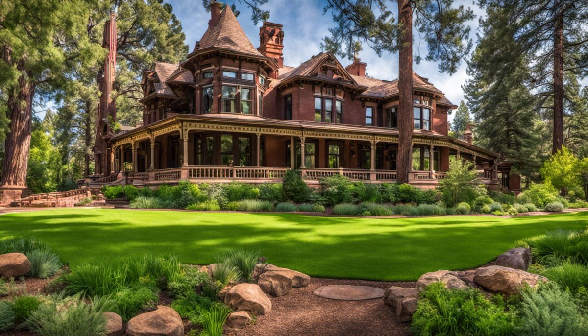 A beautiful mansion surrounded by a lush green park, showcasing the historical importance of Riordan Mansion State Historic Park in Flagstaff, Arizona.
