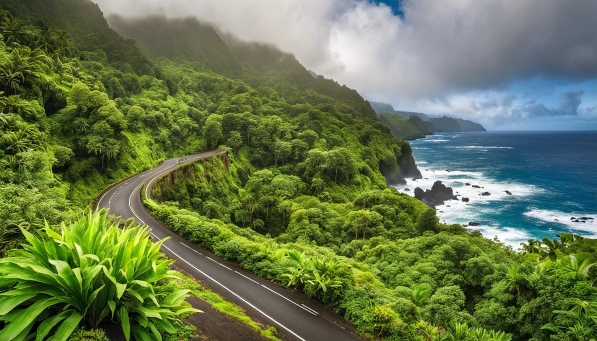 A breathtaking view of the Road to Hana, showcasing lush green rainforests, cascading waterfalls, and stunning coastlines.