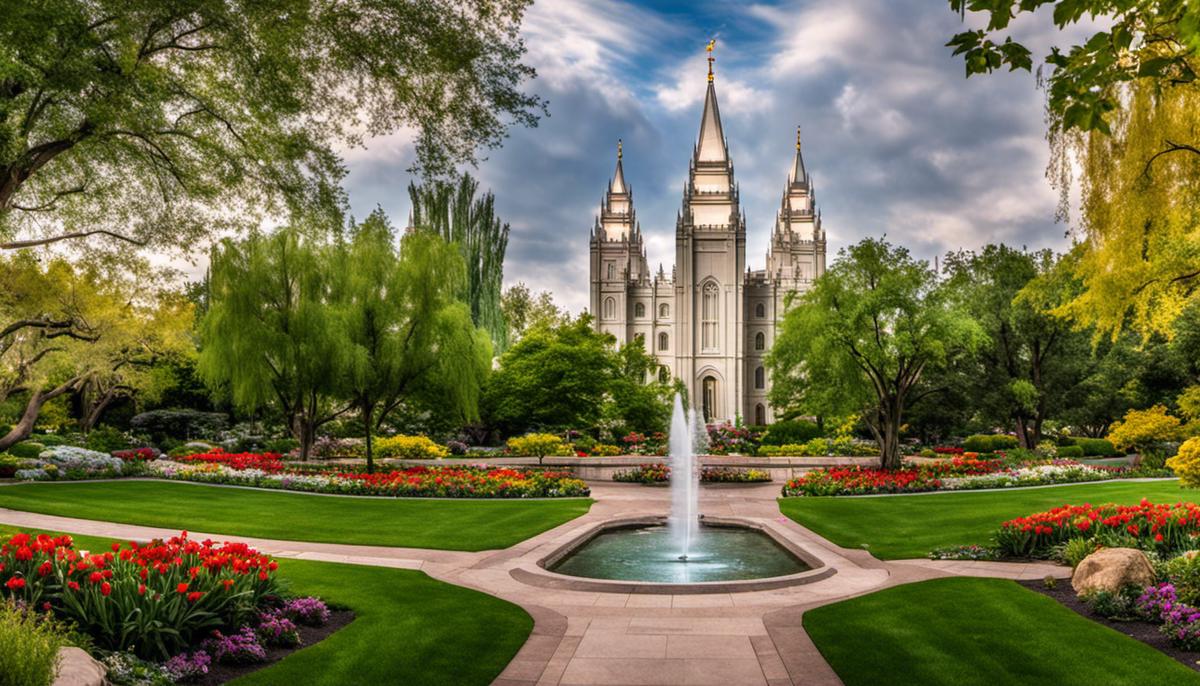 The Salt Lake Temple surrounded by beautiful gardens and reflecting pools, creating a serene environment for contemplation.