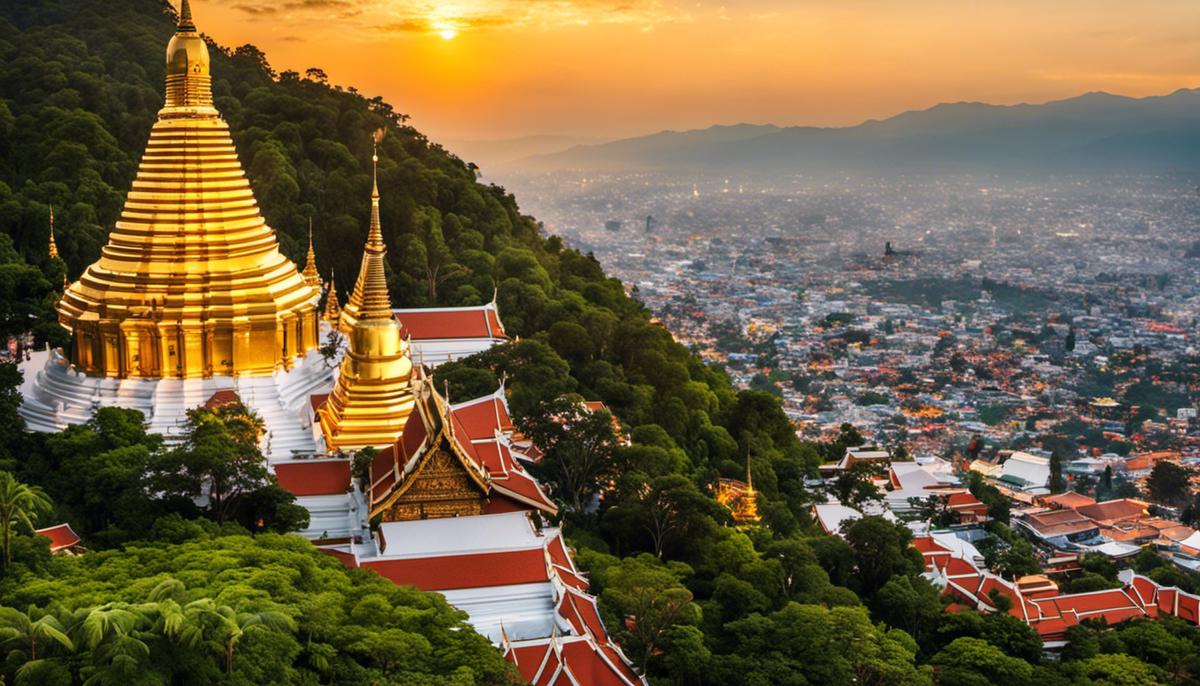 A mesmerizing view of Wat Phra That Doi Suthep, an exquisite Thai Buddhist temple perched on a mountain, overlooking the city of Chiang Mai.