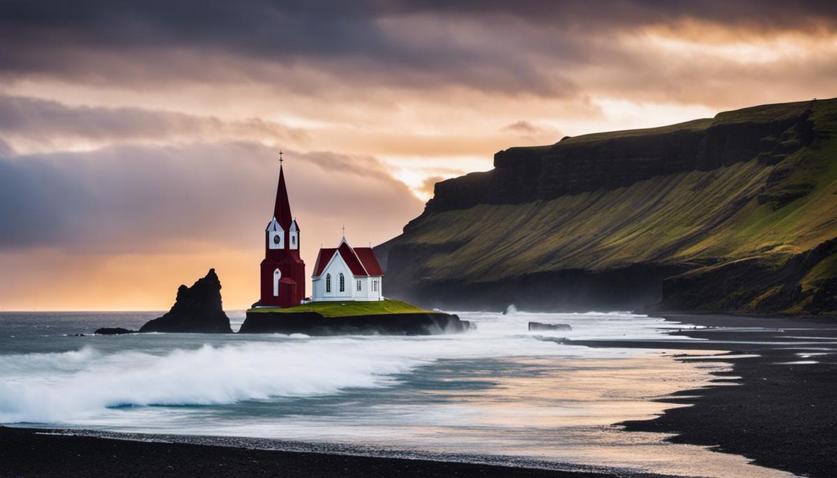 A picturesque image of Vikurkirkja Church standing atop a hill in Vik, Iceland overlooking the black sand beaches, basalt cliffs, and the Atlantic waves.