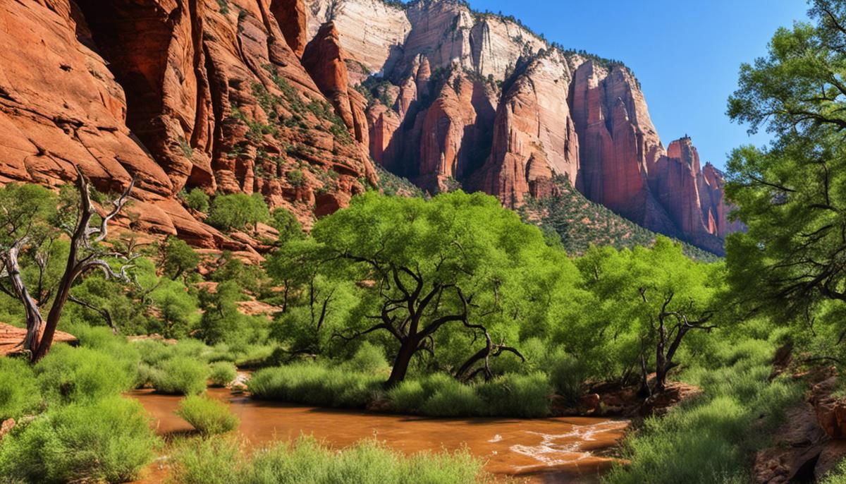 A breathtaking view of the red rock formations in Zion National Park, surrounded by lush green trees and a clear blue sky.