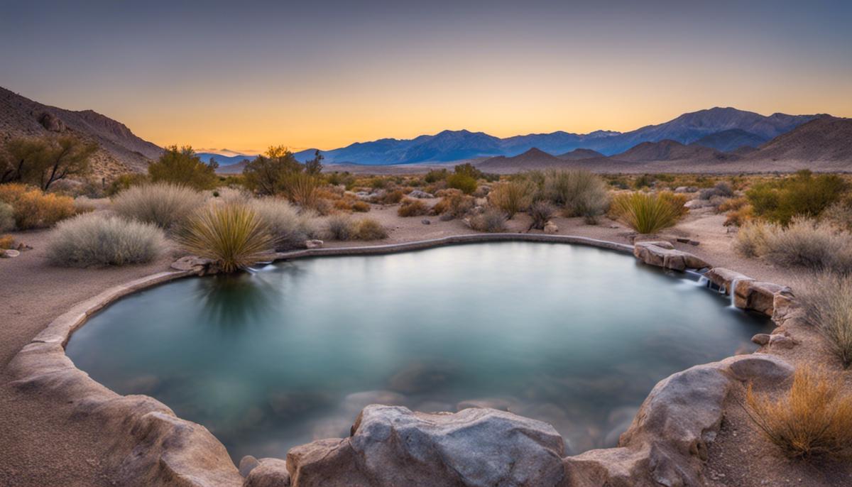 A serene image of Baker Hot Springs surrounded by desert landscape