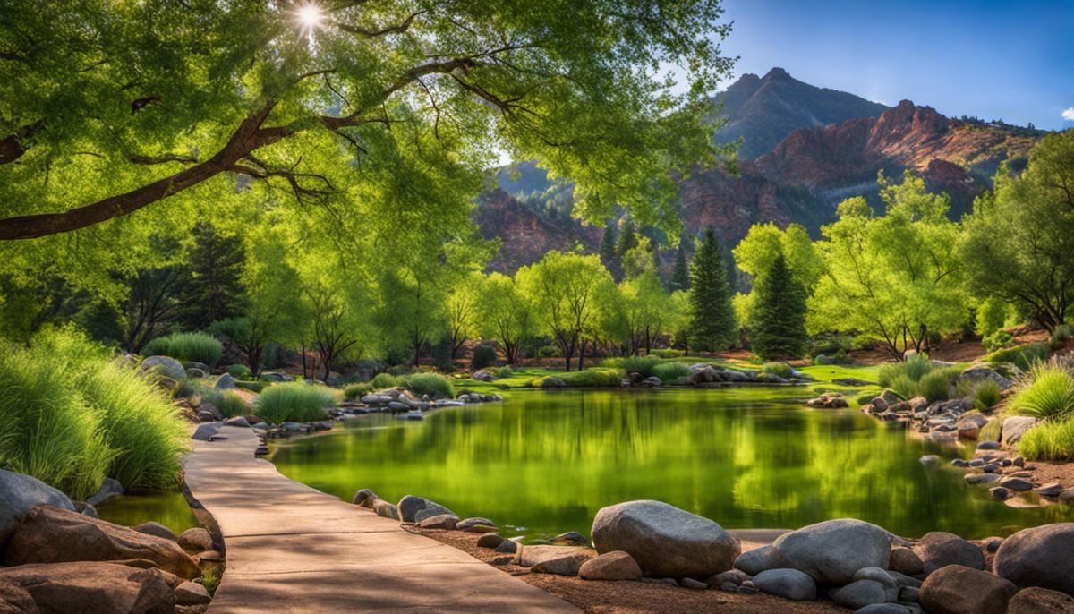 A serene image of The Arboretum at Flagstaff featuring lush greenery surrounded by mountains.