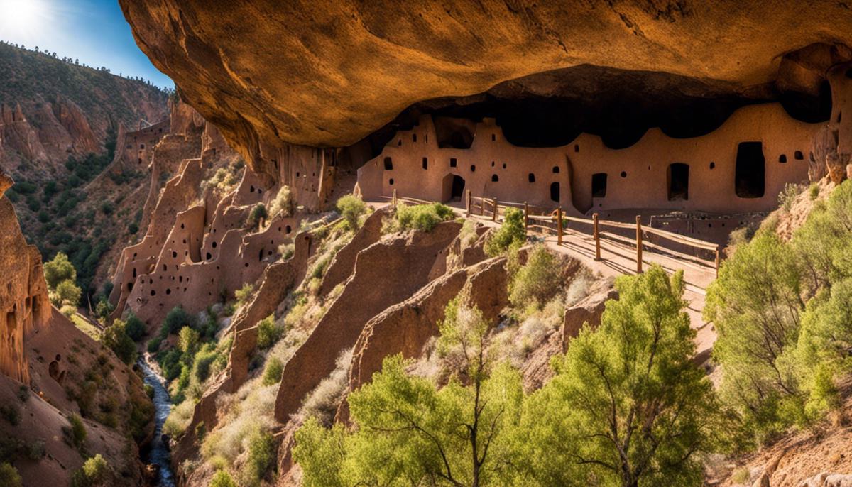 Scenic view of Bandelier National Monument showcasing its rugged canyons, cave dwellings, and petroglyphs.