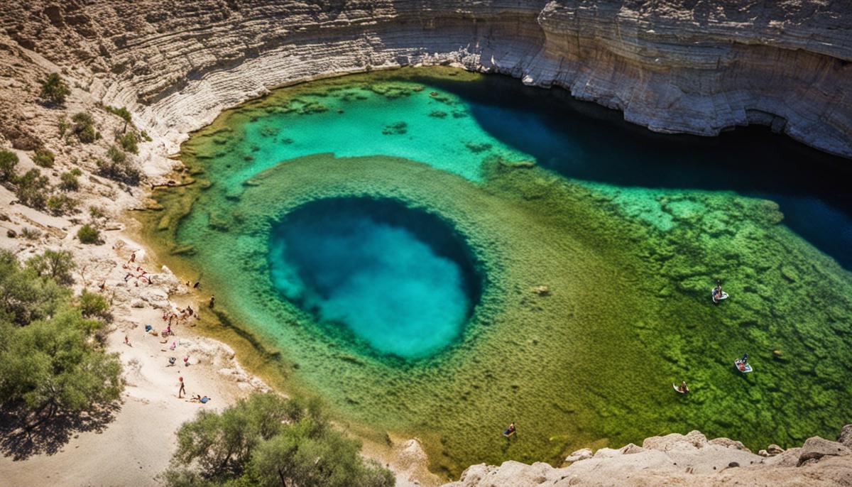 Image of Santa Rosa's Blue Hole, a natural artesian well with crystal-clear water, located in the middle of the desert. The image shows people swimming and enjoying the serene surroundings.