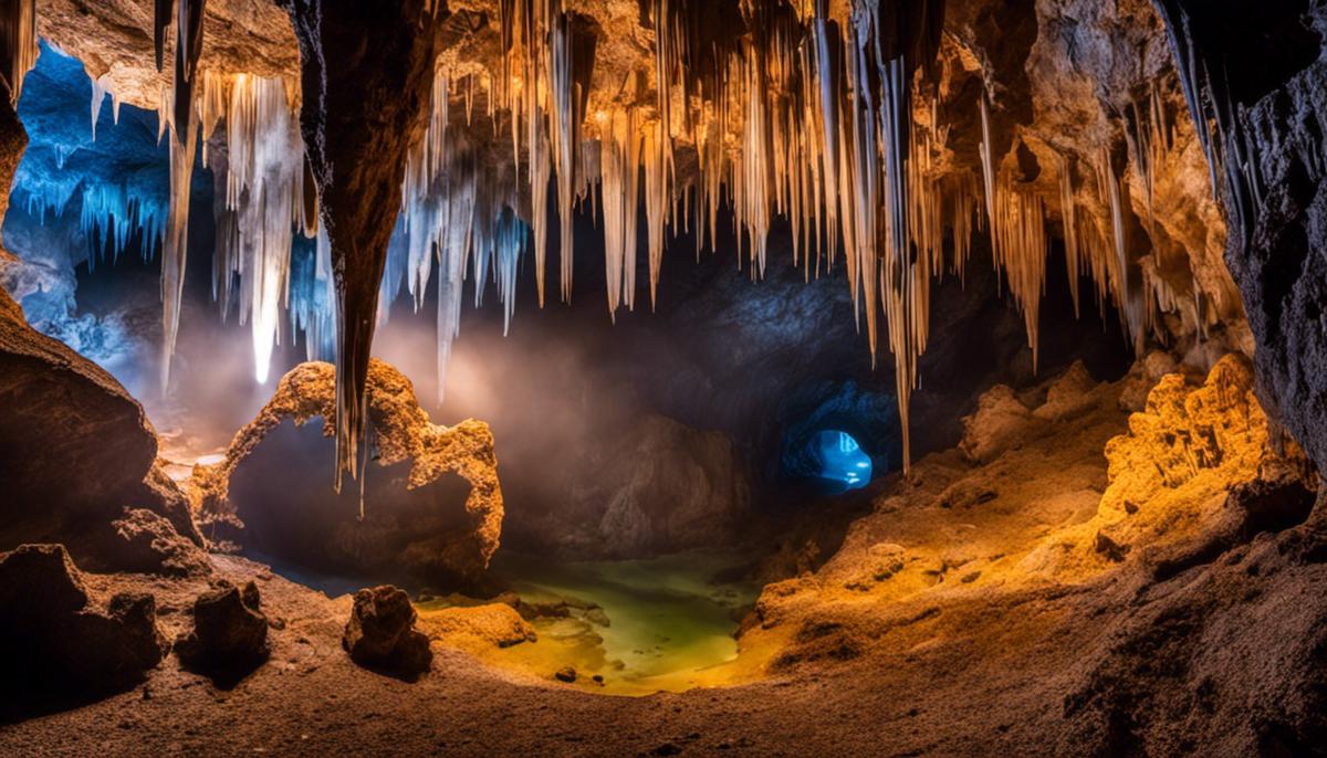 A stunning underground cave with vibrant stalactites and stalagmites.