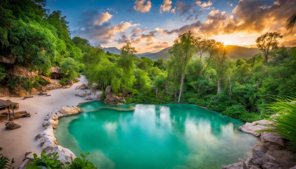 A serene image of Fifth Water Hot Springs, showcasing its tranquil blue-green waters surrounded by lush greenery.