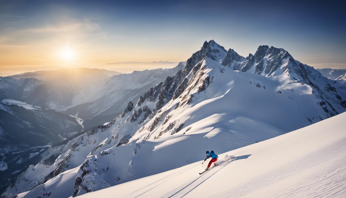 A skier gliding down a snowy slope with beautiful mountains in the background