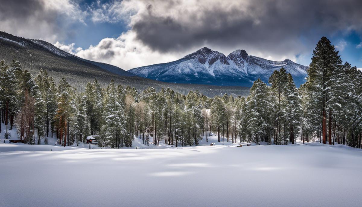 A serene image of the Flagstaff Nordic Center surrounded by mountains and covered in snow.