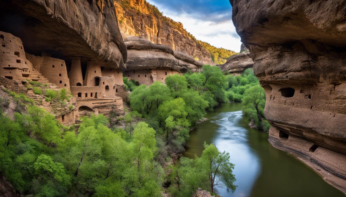 Photograph of Gila Cliff Dwellings with lush forest and river in the background