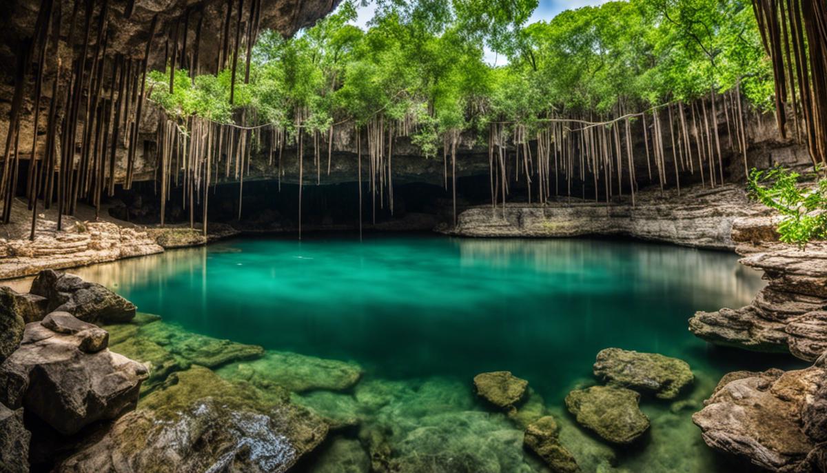 Image of the Gran Cenote showing its crystal-clear water surrounded by lush greenery and rock formations.