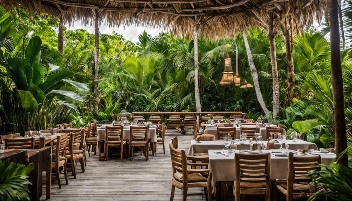 A cozy outdoor seating area surrounded by lush vegetation at Hartwood restaurant in Tulum, Mexico