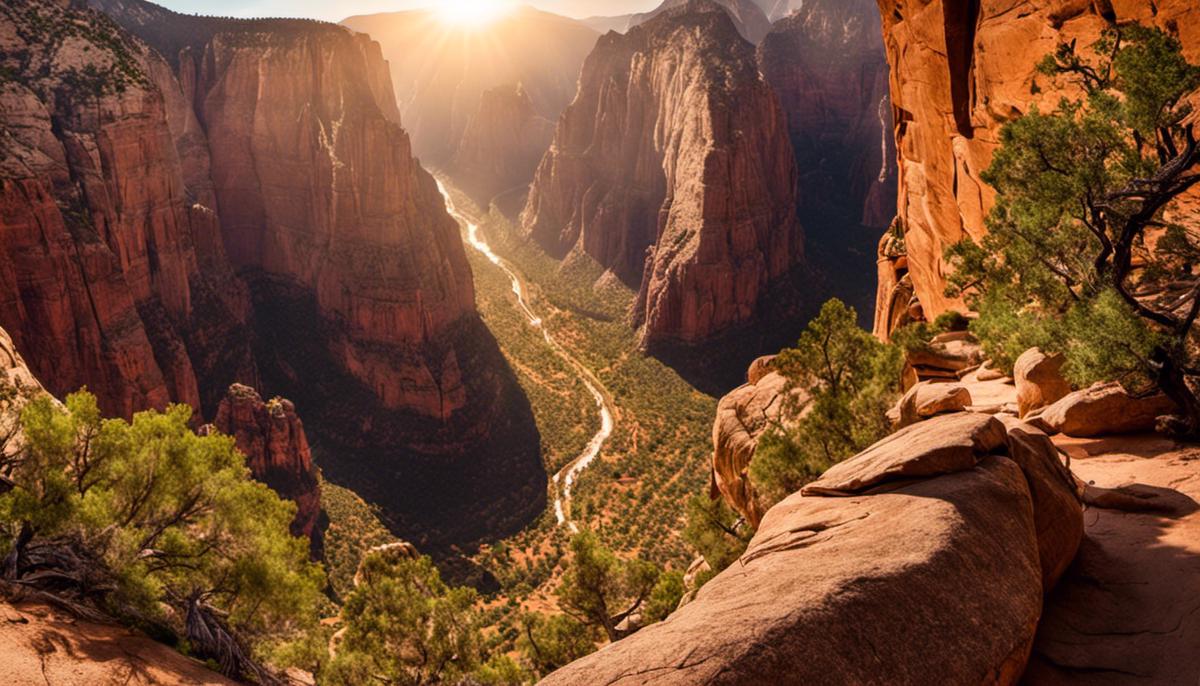 A breathtaking view of the Angel's Landing hike, with towering cliffs and magnificent landscapes.