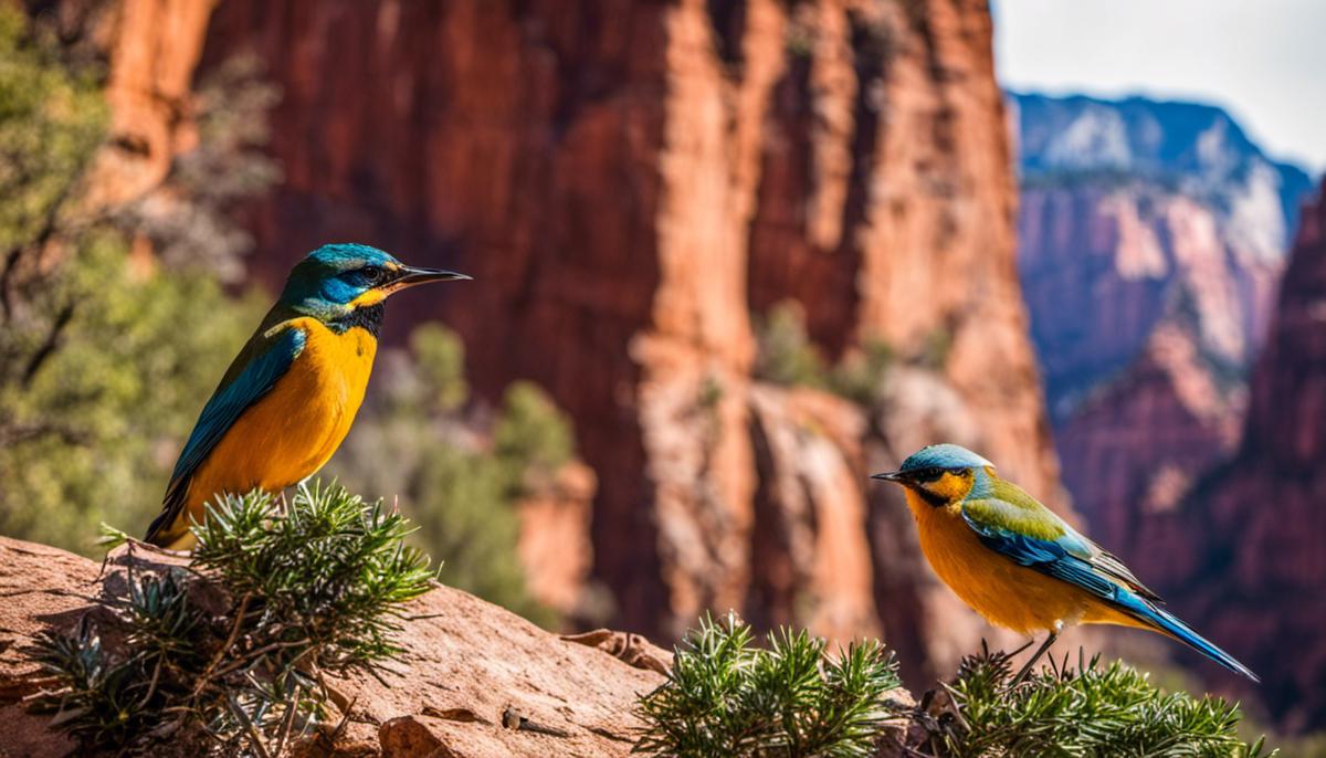 A group of colorful birds in Zion National Park, with tall cliffs in the background.