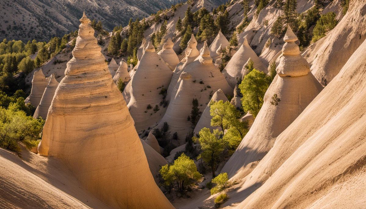Unique cone-shaped rock formations in Kasha-Katuwe Tent Rocks National Monument, showcasing the beauty of New Mexico's natural landscape