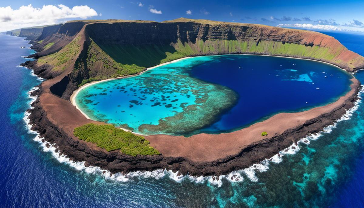 A stunning view of Molokini Crater showcasing its blue waters, marine life, and colorful coral reefs