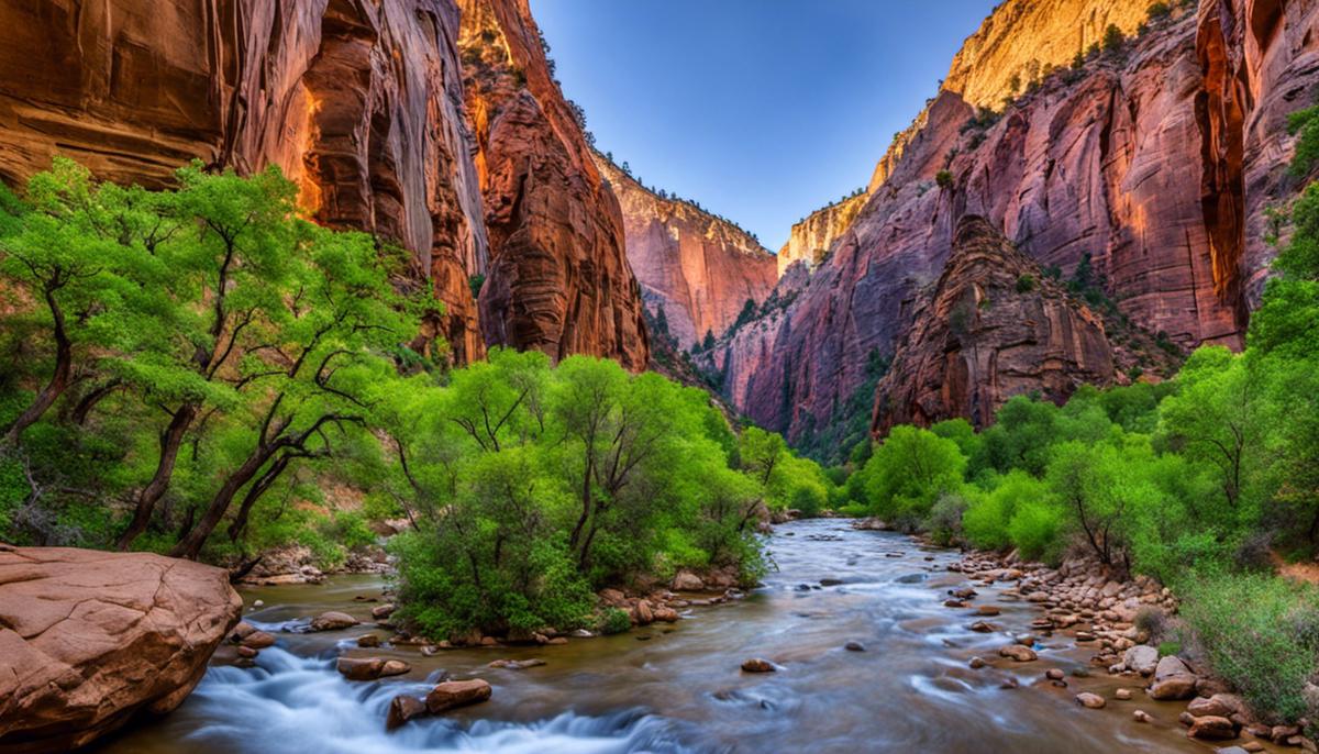 A breathtaking view of The Narrows in Zion National Park, with towering rock walls and the Virgin River cutting through the gorge.