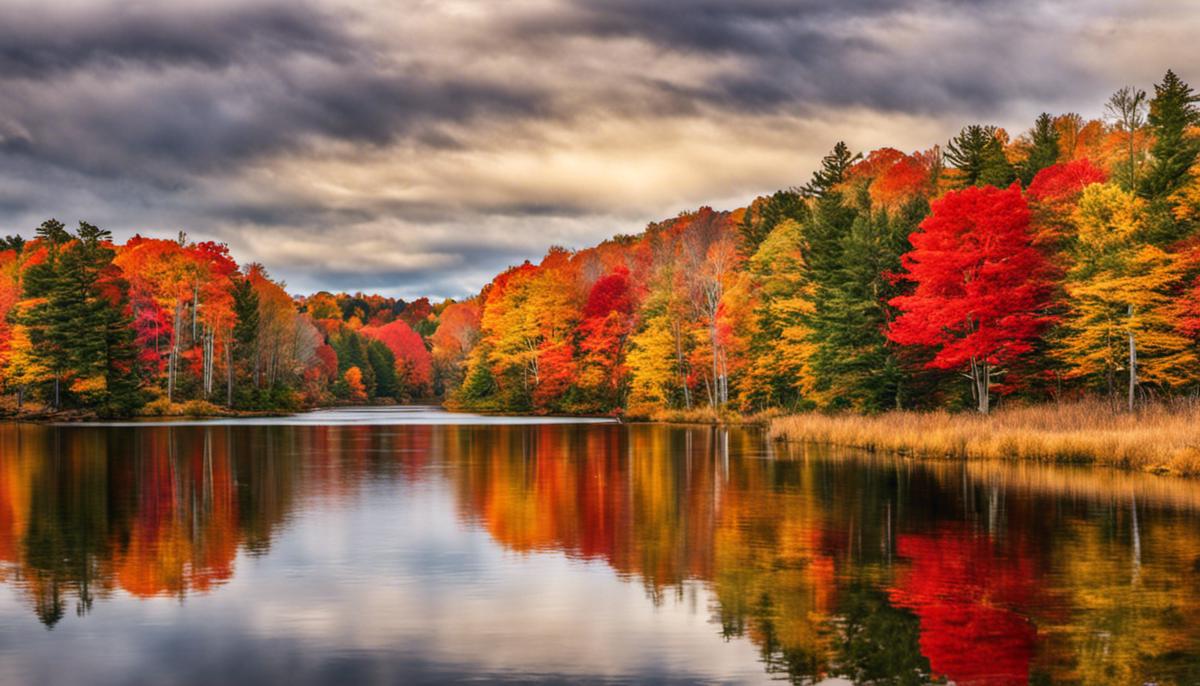 A scenic view of New England during the fall, showcasing vibrant colors of red, orange, and gold foliage.