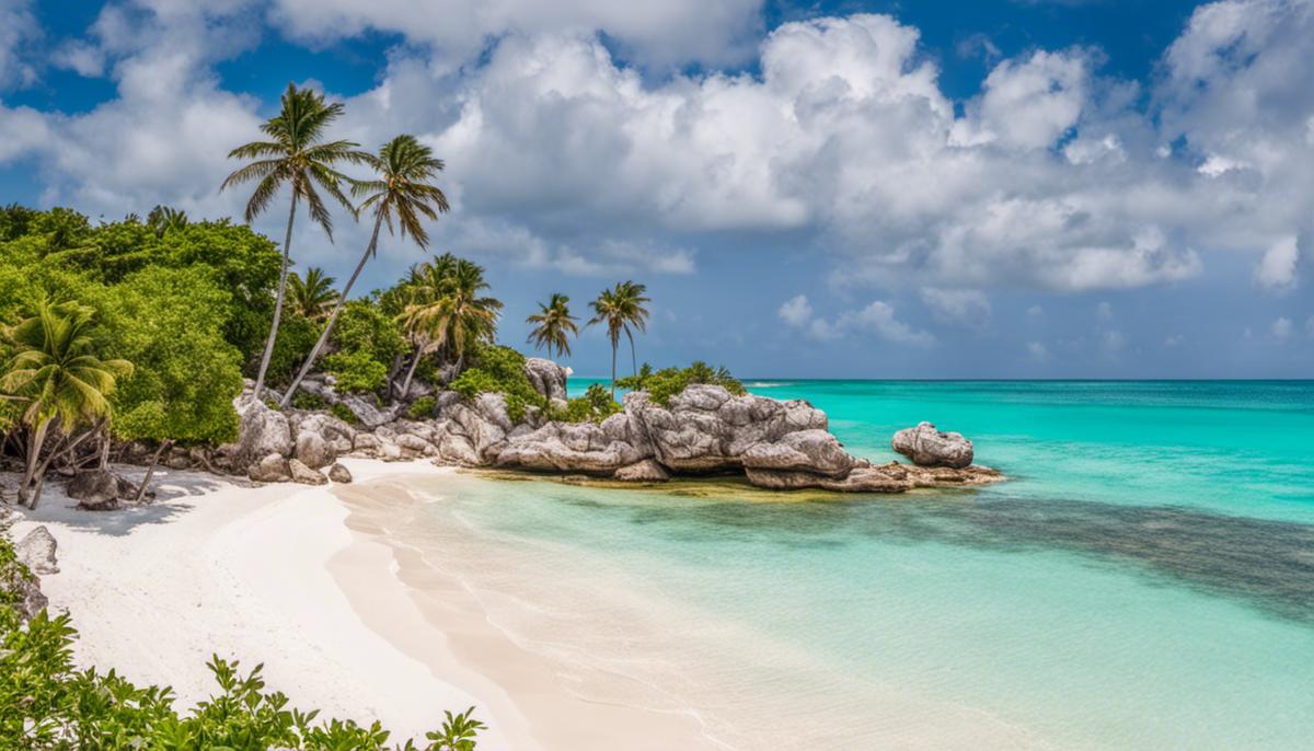 A stunning view of Paradise Beach in Tulum, with white sand, turquoise waters, and palm trees.
