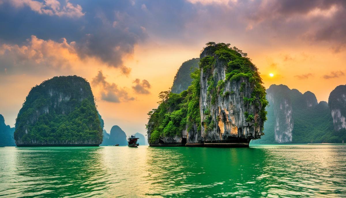 A breathtaking view of Phang Nga Bay with towering cliffs and emerald-green waters