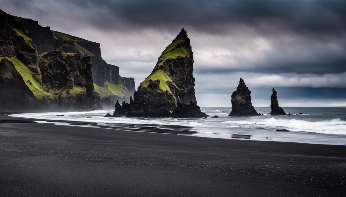 A photo of the Reynisdrangar Sea Stacks against the backdrop of a dramatic sky and black sand beach.