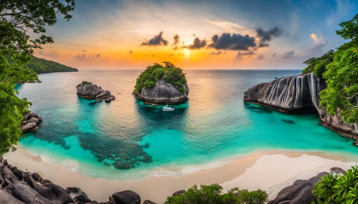 A breathtaking view of the Similan Islands, showcasing turquoise waters, vibrant coral reefs, and rock formations.
