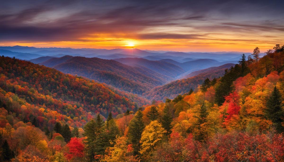 A breathtaking view of the Great Smoky Mountains during autumn, with colorful foliage stretching as far as the eye can see.