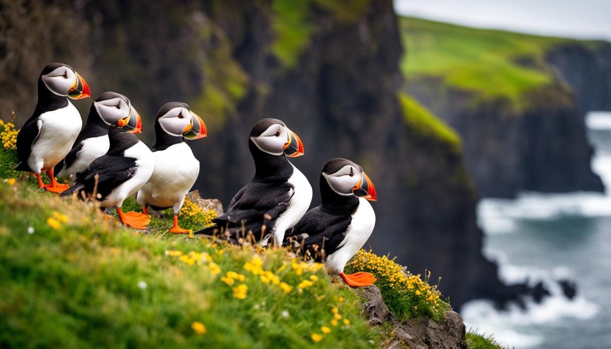 Photo of colorful puffins on the cliffs of Vik, Iceland
