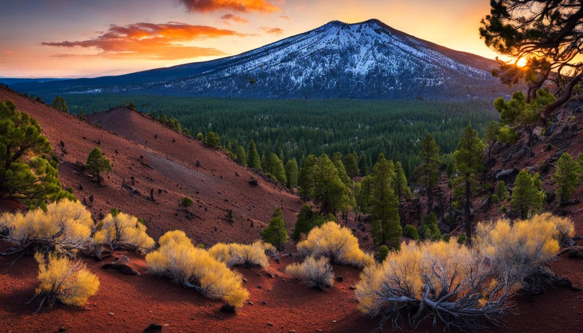 A vibrant and rugged landscape at Sunset Crater Volcano National Monument in Flagstaff, Arizona
