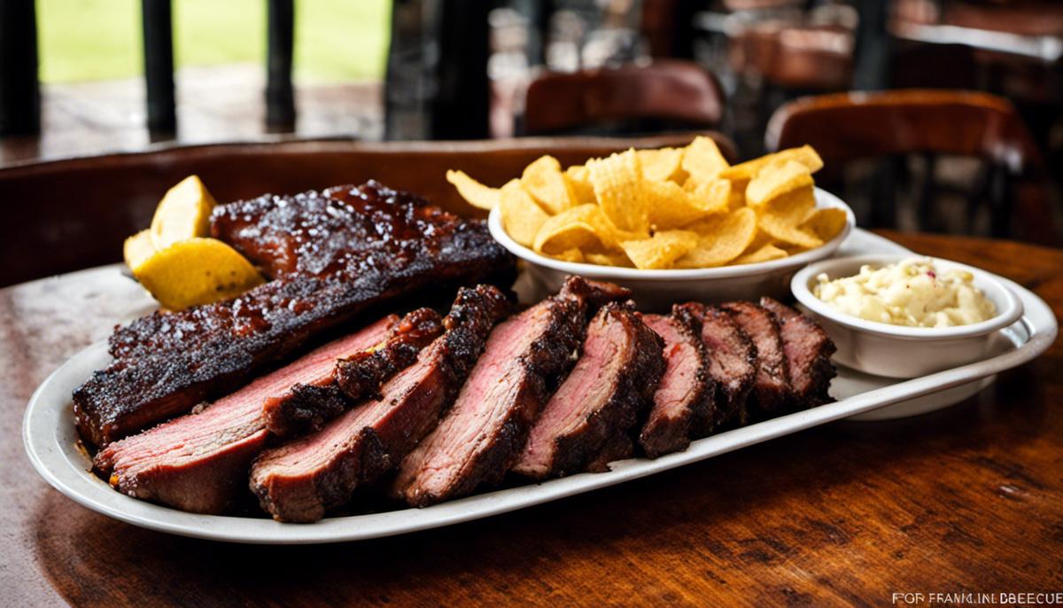 A mouthwatering image showcasing a platter of delicious BBQ from Franklin Barbecue in Austin, Texas.