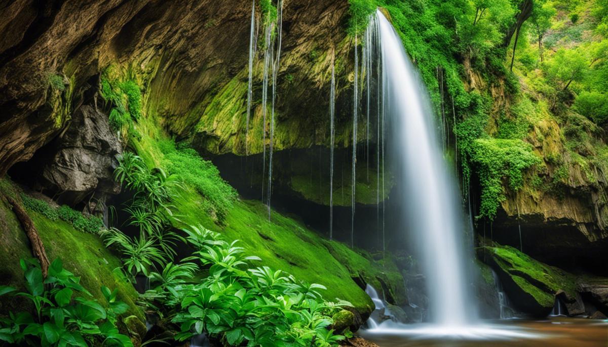 A stunning image of Weeping Rock with water droplets falling from the rock alcove, surrounded by a lush green hanging garden.