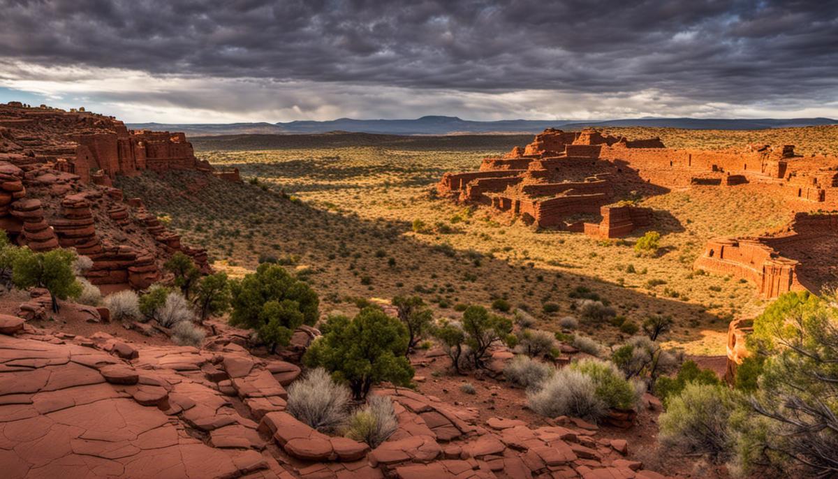 A stunning view of the Wupatki National Monument, showcasing the remnants of ancient pueblos against the backdrop of the painted desert and ponderosa pine forests.