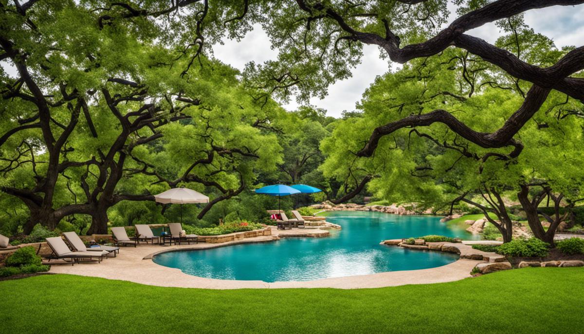 A scenic view of Zilker Metropolitan Park with trees, gardens, and a pool, showcasing the lush landscape and diverse activities available in the park