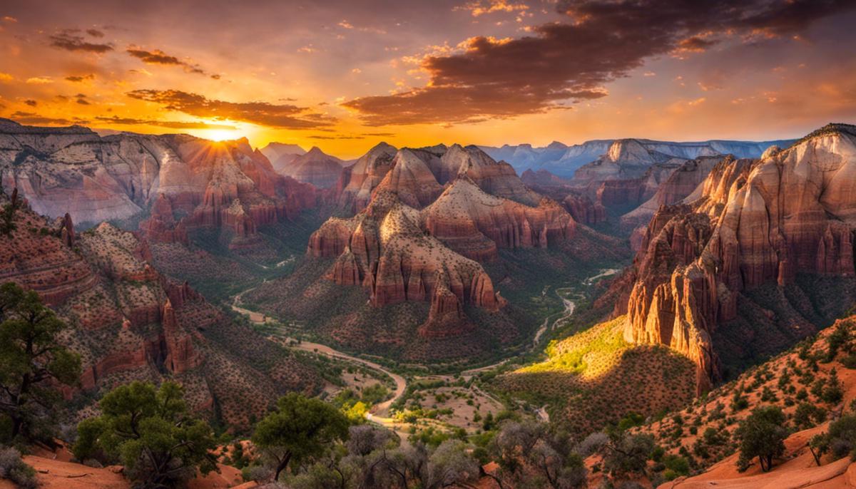 A captivating landscape of Zion National Park, showcasing its dramatic rock formations, diverse wildlife, and stunning vistas.