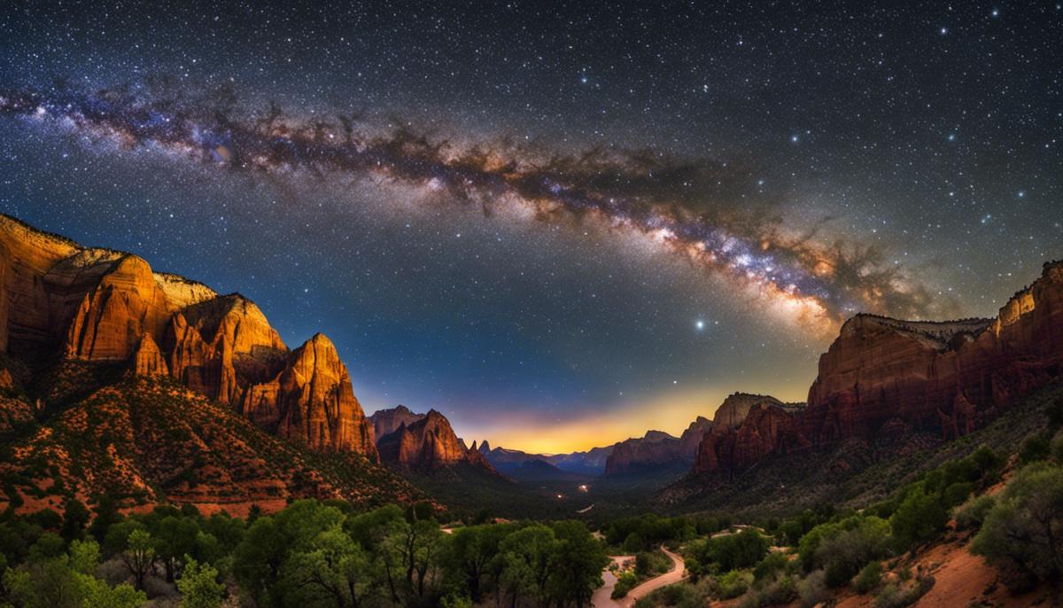 A stunning view of the night sky in Zion National Park, with twinkling stars and the Milky Way galaxy spanning across it